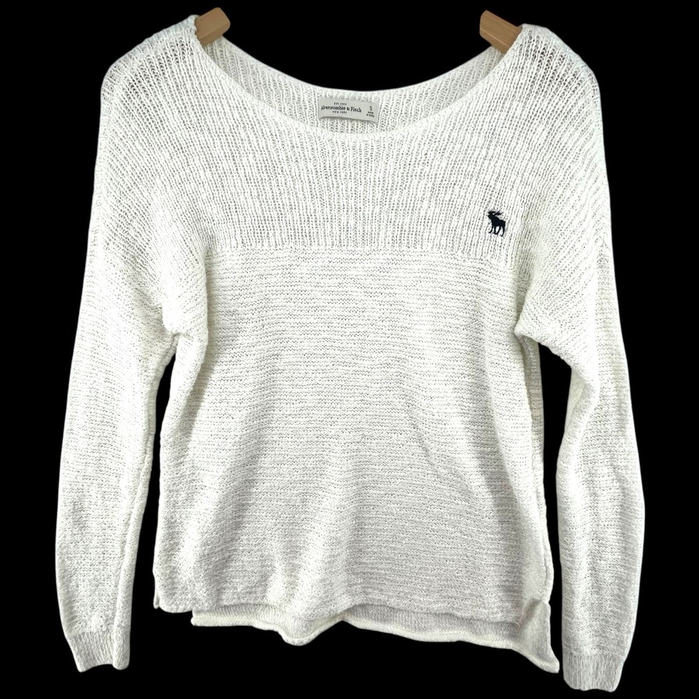 Y2K Abercrombie & Fitch Sweater Women S White Open Knit Moose Logo Preppy